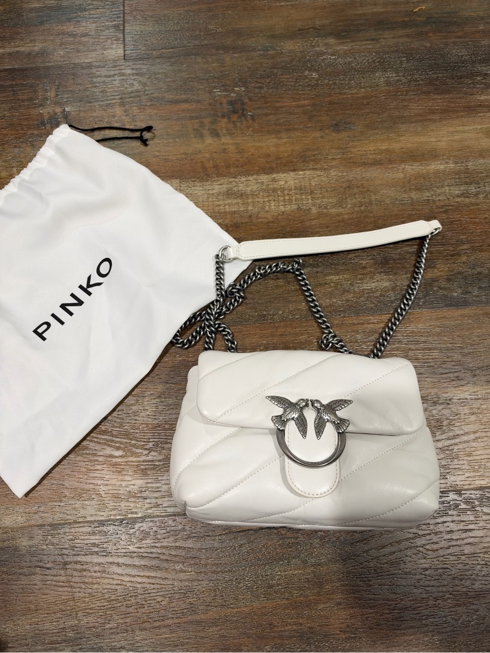 Pinko White Quilted Leather Mini Shoulder Bag with Silver Bird Buckle